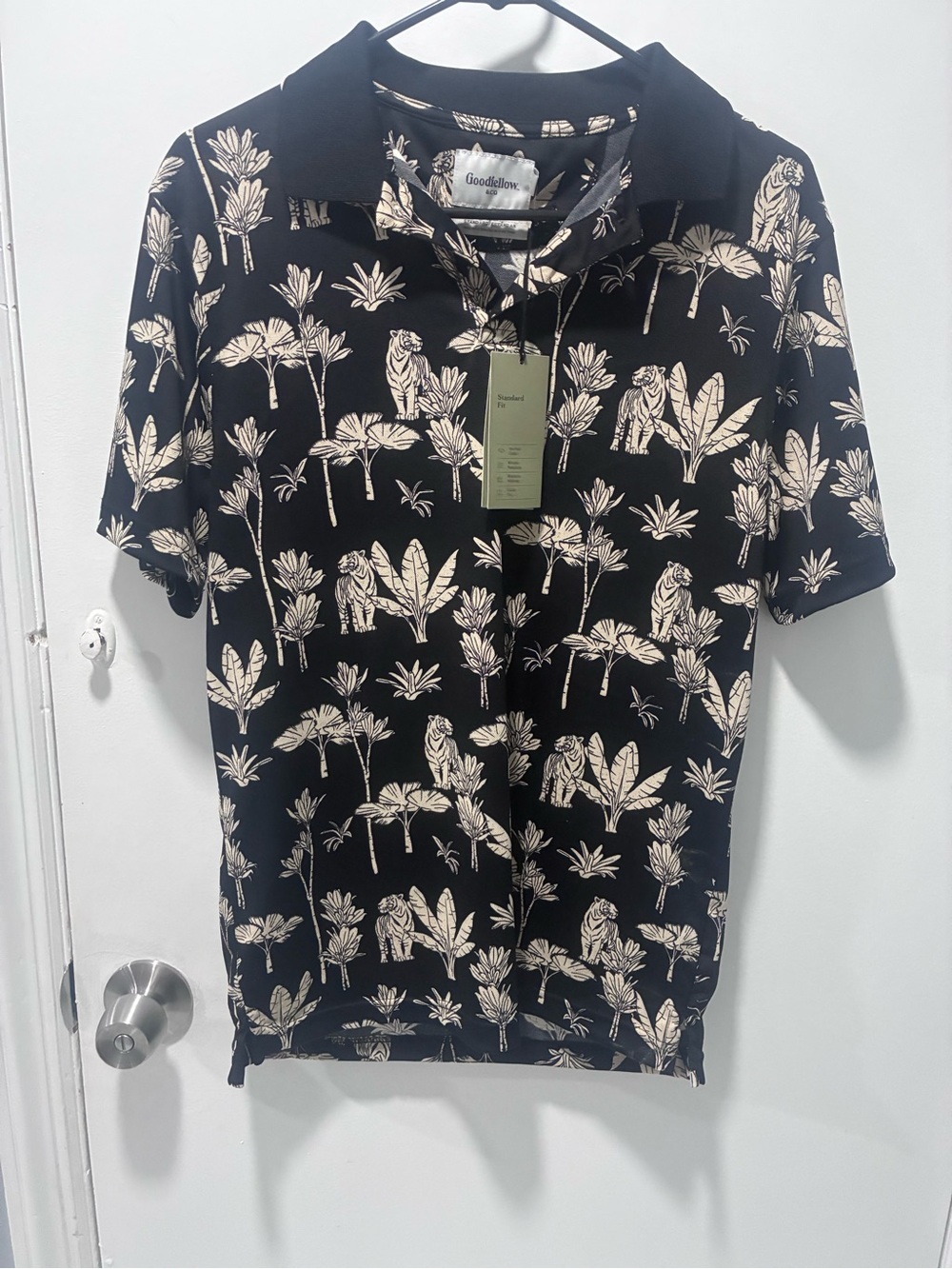 Goodfellow & Co Black Polo with Cream Botanical & Tiger Print